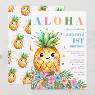Tropical Summer Pineapple Aloha 1st Birthday Party Invitation