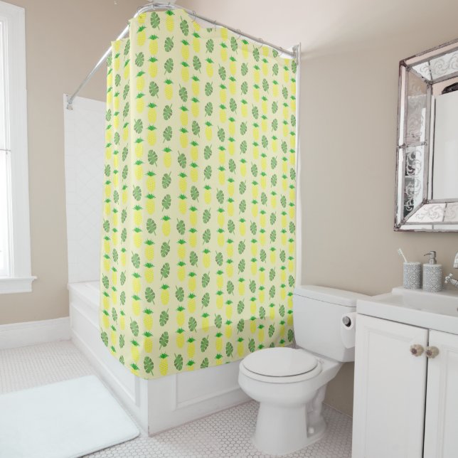 Tropical Summer Pineapple and Palm Leaves Pattern Shower Curtain (In Situ)