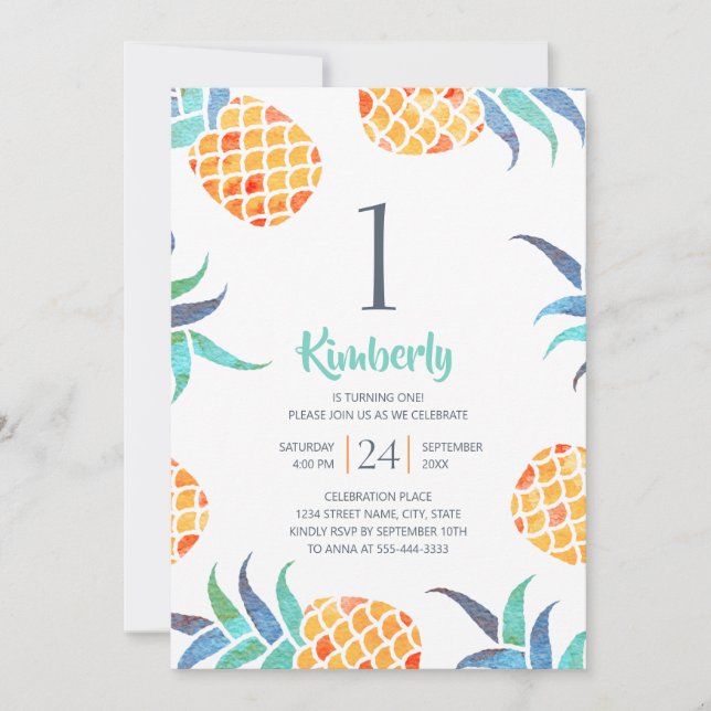 Tropical Summer Pineapple Beach 1st Birthday Party Invitation (Front)