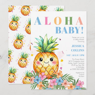 Tropical Summer Pineapple Blue Aloha Baby Shower Invitation