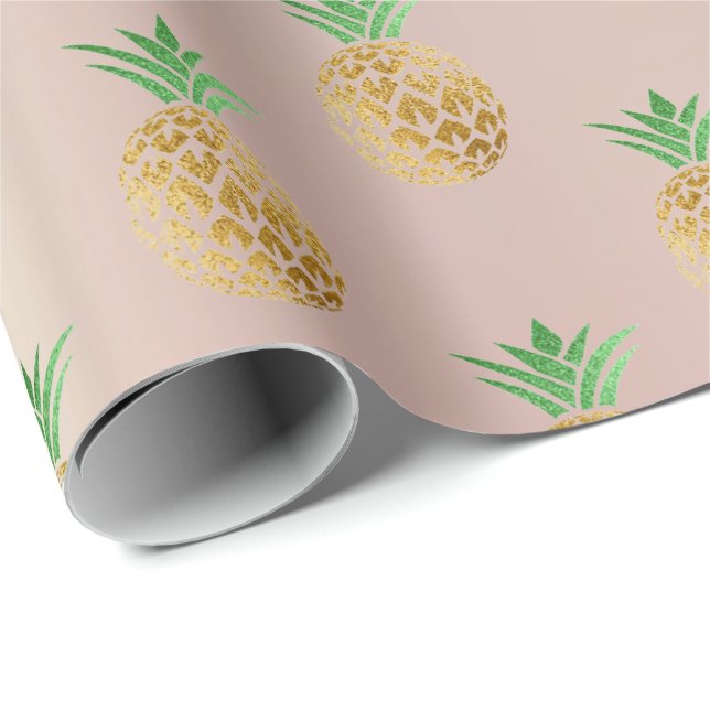 Tropical summer pineapple gold mint fruits pink wrapping paper (Roll Corner)