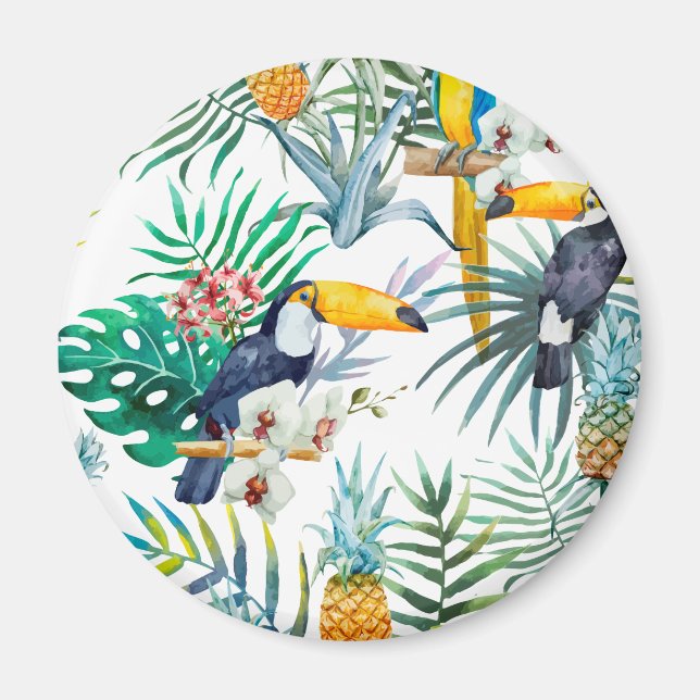 Tropical summer Pineapple Parrot Bird watercolor Magnet (Front)