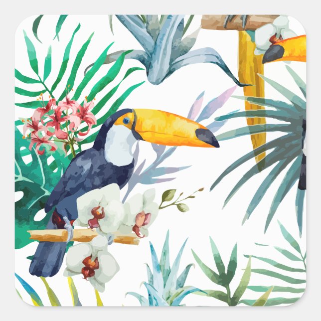 Tropical summer Pineapple Parrot Bird watercolor Square Sticker (Front)
