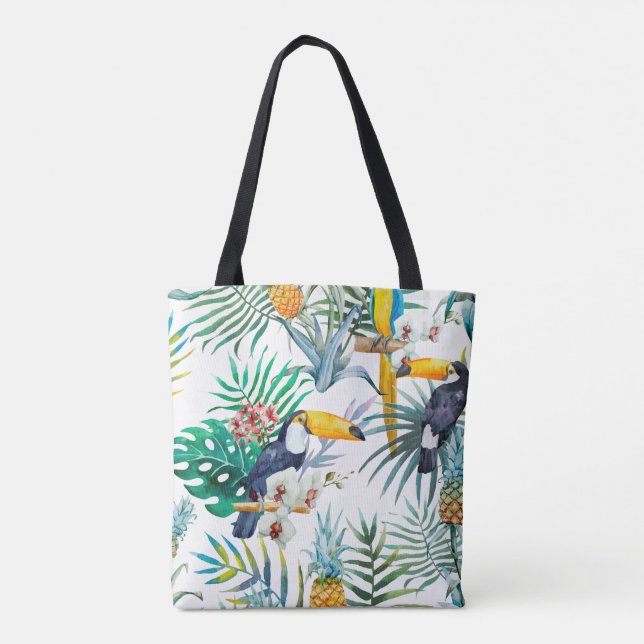 Tropical summer Pineapple Parrot Bird watercolor Tote Bag (Back)