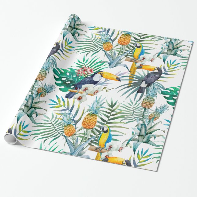 Tropical summer Pineapple Parrot Bird watercolor Wrapping Paper (Unrolled)