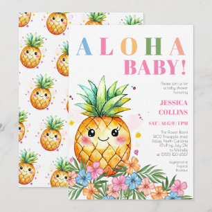 Tropical Summer Pineapple Pink Aloha Baby Shower Invitation