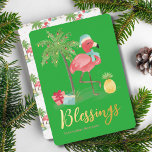 Tropical Summer Pink Christmas Flamingo Palm Tree Foil Holiday Card<br><div class="desc">Blessings Gold Typography Tropical Summer Pink Christmas Flamingo Palm Tree Gold Foil Holiday Card.</div>