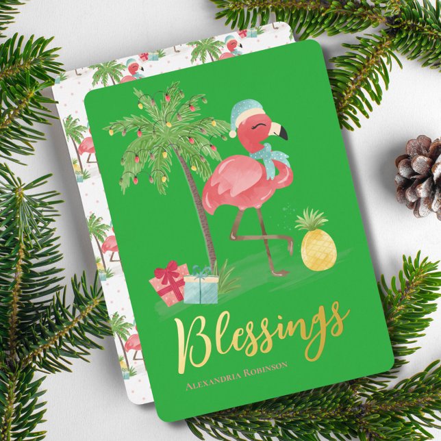 Tropical Summer Pink Christmas Flamingo Palm Tree Foil Holiday Card (Creator Uploaded)
