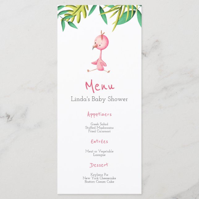 Tropical Summer Pink Flamingo Baby Shower Menu (Front)