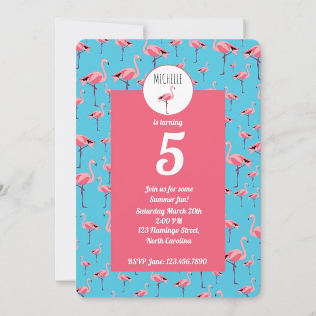 Tropical Summer Pink Flamingo Girly 5th Birthday Invitation (Front)