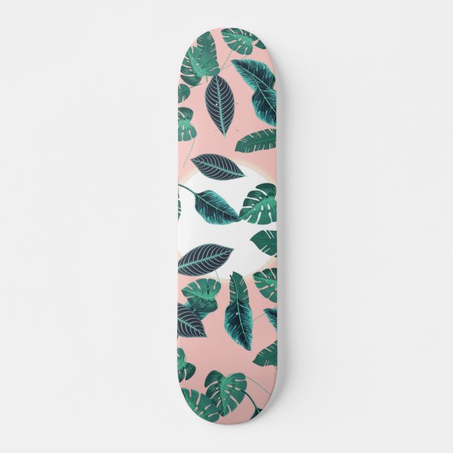 Tropical Summer Pink Green Leaves Sunset Pattern Skateboard (Front)