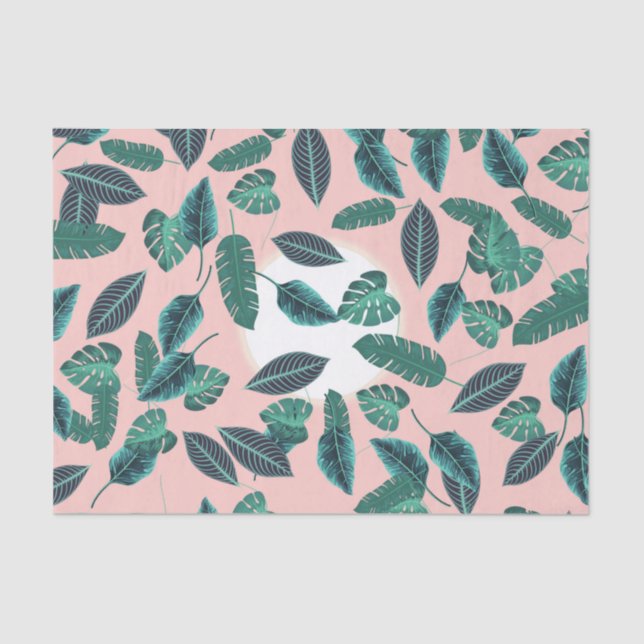 Tropical Summer Pink Green Leaves Sunset Pattern Tissue Paper (Front)