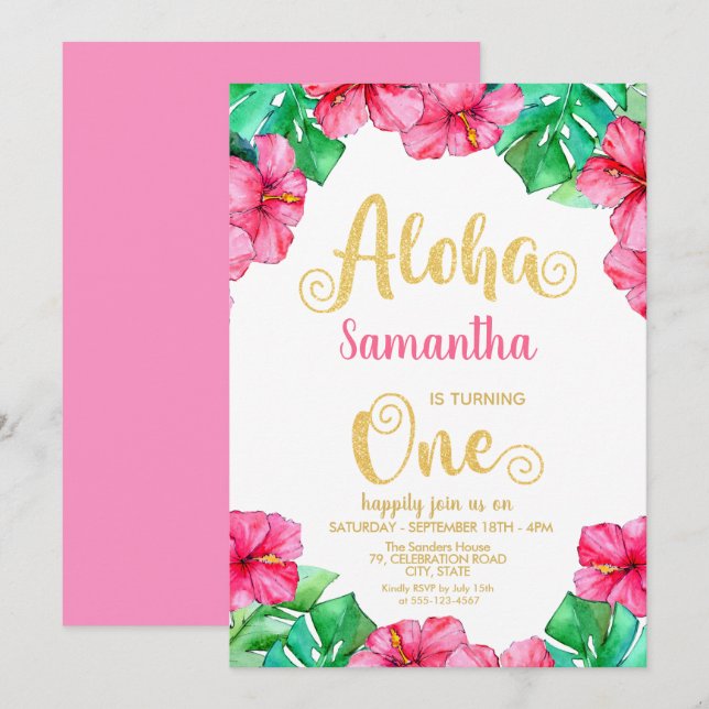 Tropical Summer Pink Hibiscus 1st Birthday   Invitation (Front/Back)
