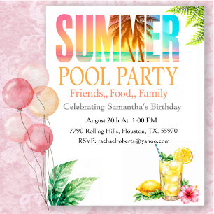 Tropical Summer Pool Party Birthday Invitation