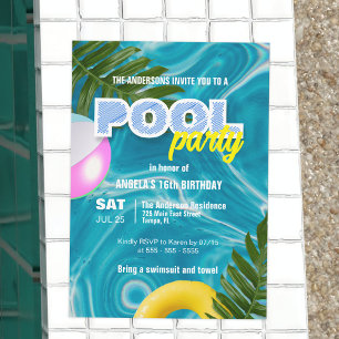 Tropical Summer Pool Party Sweet 16 Birthday Invitation