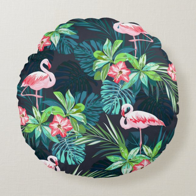Tropical summer seamless pattern with flamingo bir round cushion (Front)