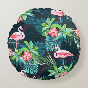 Tropical summer seamless pattern with flamingo bir round cushion