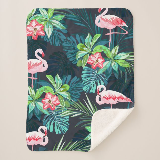 Tropical summer seamless pattern with flamingo bir sherpa blanket (Front)