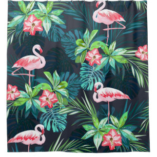 Tropical summer seamless pattern with flamingo bir shower curtain