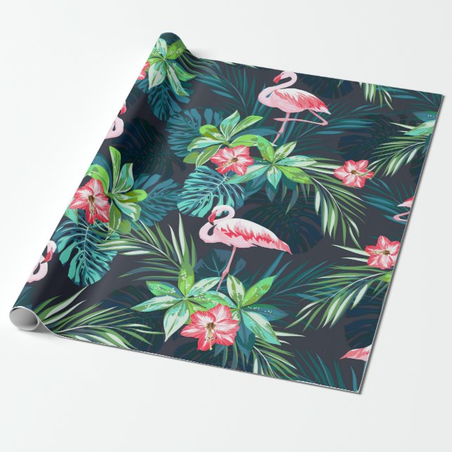 Tropical summer seamless pattern with flamingo bir wrapping paper (Unrolled)