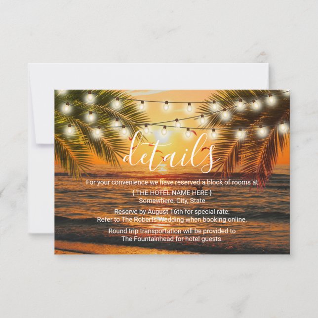Tropical Summer Sunset Beach Wedding Details Invitation (Front)
