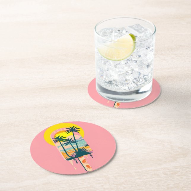 Tropical Summer Sunset Sweets Paradise Round Paper Coaster (Insitu)