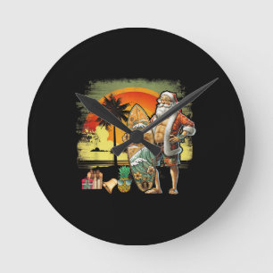 Tropical Summer Surfing Santa Claus 6 Pack Christm Round Clock