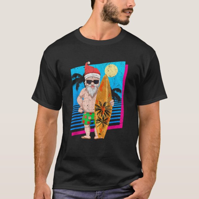 Tropical Summer Surfing Santa Claus Funny Christma T-Shirt (Front)