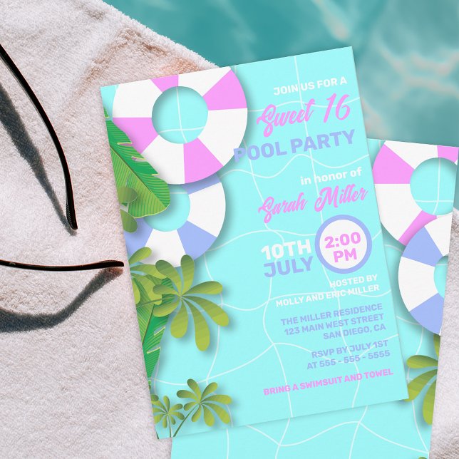 Tropical Summer Sweet 16 Birthday Pool Party Invitation (Creator Uploaded)