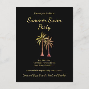 Tropical Summer Swim Pool Party Palm Trees Gold Invitation Postcard