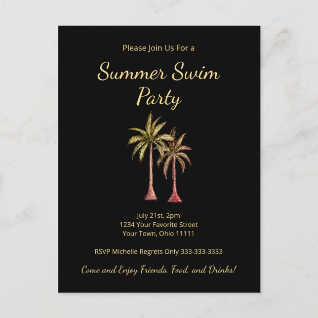 Tropical Summer Swim Pool Party Palm Trees Gold  Invitation Postcard (Front)