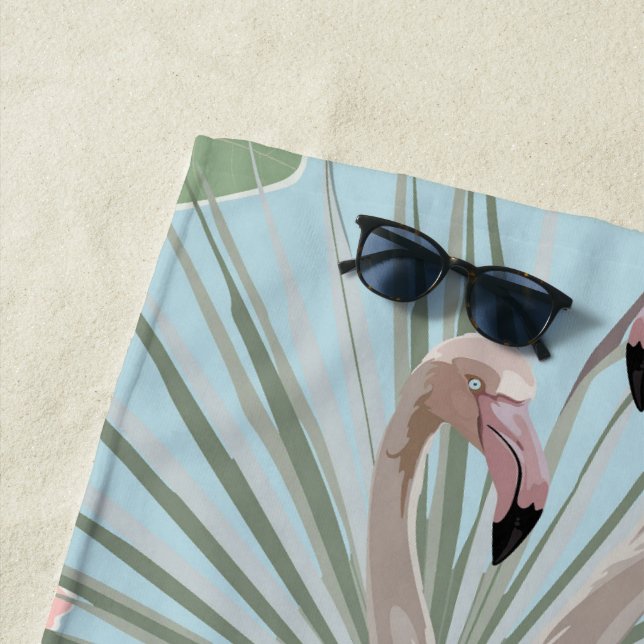 Tropical summer theme Flamingo cute blue modern Beach Towel (In Situ)