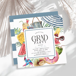 Tropical Summer Umbrella Donut Blue Graduation Invitation