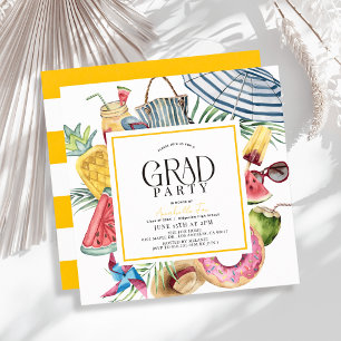 Tropical Summer Umbrella Doughnut Yellow Graduatio Invitation