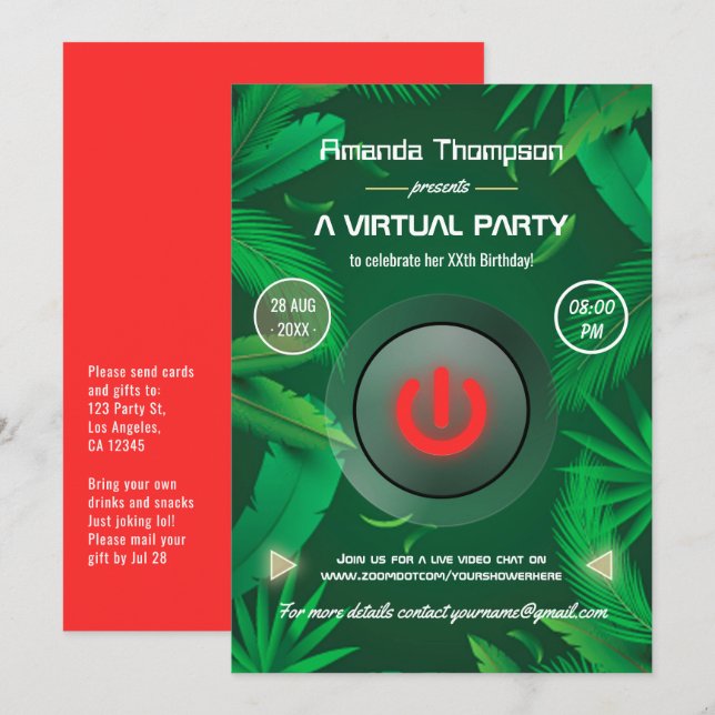 Tropical Summer Virtual Birthday Party Invitation (Front/Back)