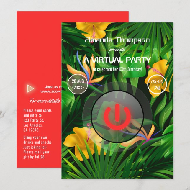 Tropical Summer Virtual Birthday Party Invitation (Front/Back)