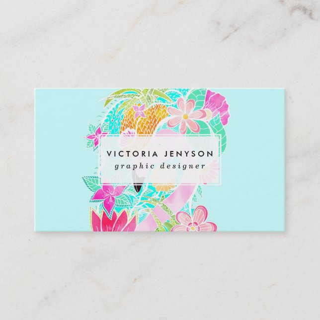 Tropical summer watercolor flamingo pineapple business card (Front)