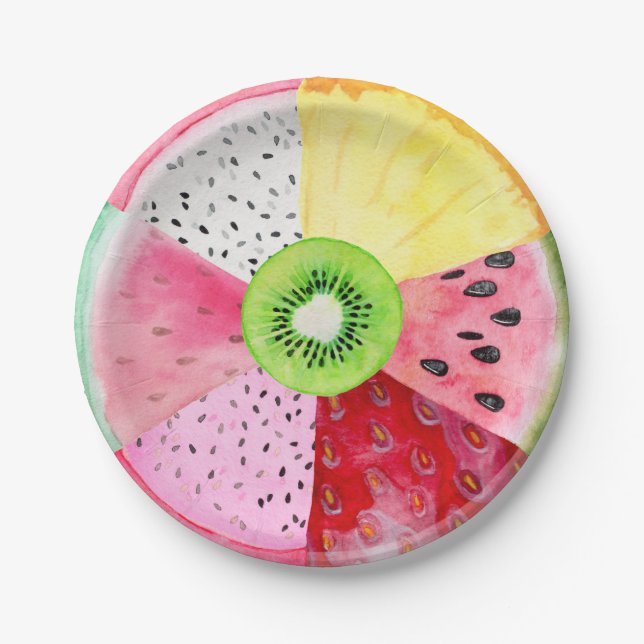 Tropical Summer Watercolor Fruit Tutti Fruitti Paper Plate (Front)