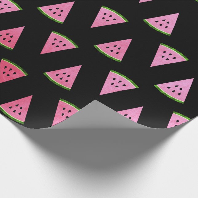 Tropical  summer watermelon fruits black pink rose wrapping paper (Corner)