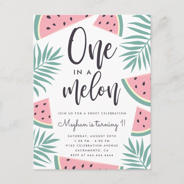 Tropical Summer Watermelon One In A Melon Birthday Invitation Postcard (Front)