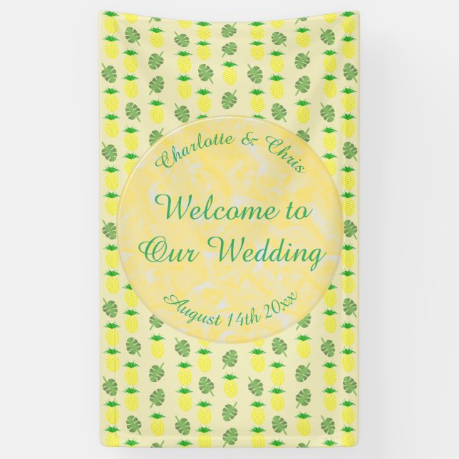 Tropical Summer Wedding Pineapple and Palm Leaves Banner (Vertical)