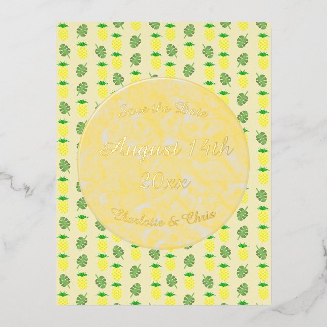 Tropical Summer Wedding Pineapple and Palm Leaves Foil Holiday Postcard (Front)