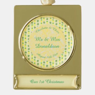 Tropical Summer Wedding Pineapple and Palm Leaves Gold Plated Banner Ornament