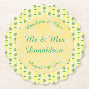 Tropical Summer Wedding Pineapple and Palm Leaves Paper Coaster