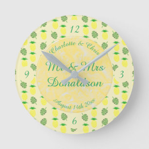 Tropical Summer Wedding Pineapple and Palm Leaves Round Clock