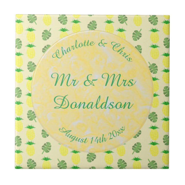 Tropical Summer Wedding Pineapple and Palm Leaves Tile (Front)