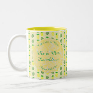 Tropical Summer Wedding Pineapple and Palm Leaves Two-Tone Coffee Mug