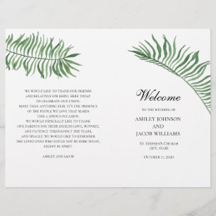 Tropical summer wedding program. Green leaves