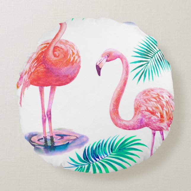 Tropical summer with flamingos palm leaves and exo round cushion (Front)