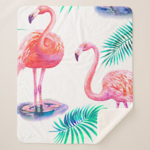 Tropical summer with flamingos palm leaves and exo sherpa blanket